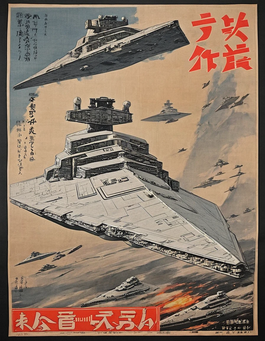 a 1930s Japanese ukiyo e prints poster featuring an fullbody darth vader over a star destroyer
sdestroyer with japanese text