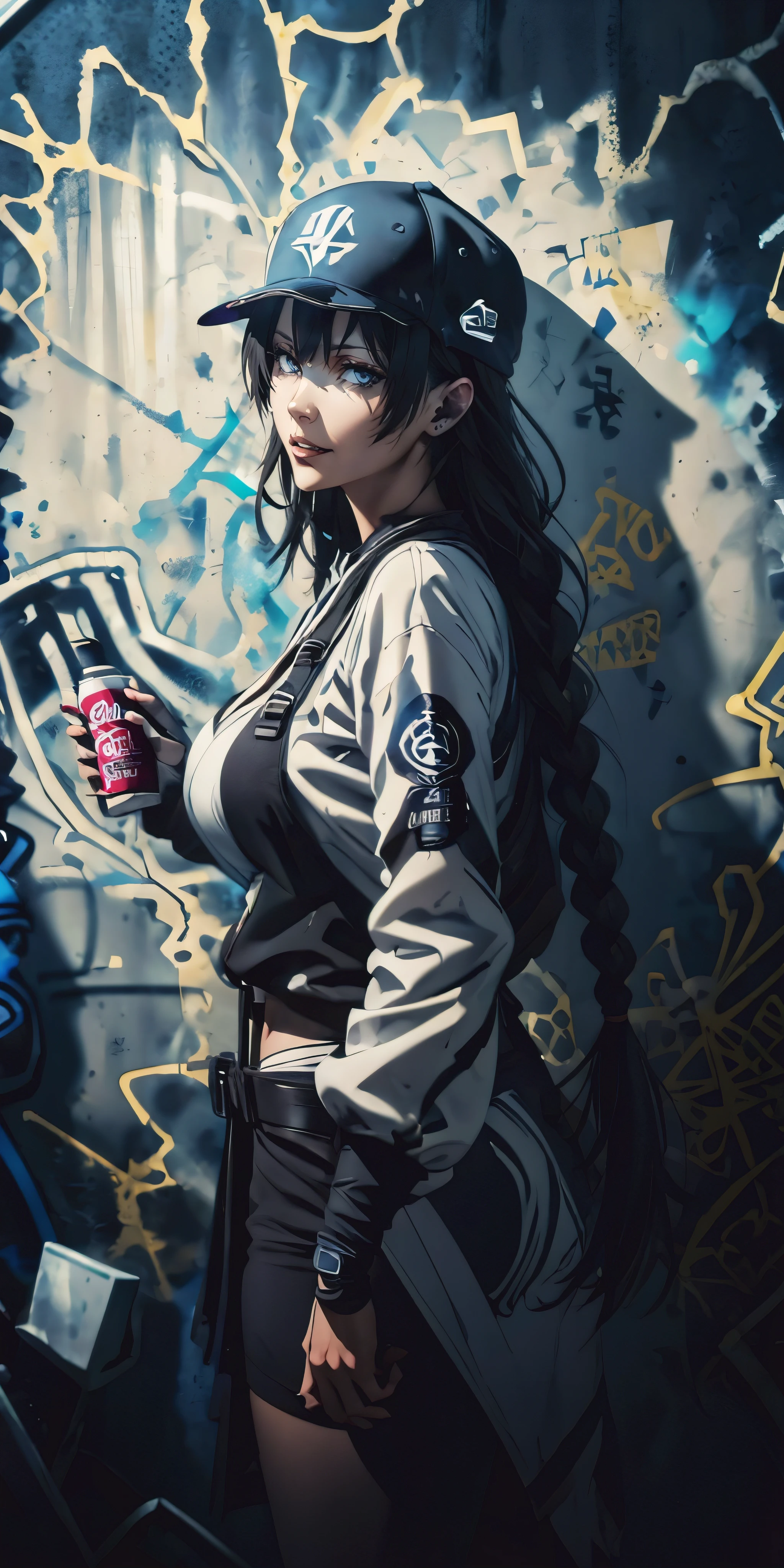 sensei, black hair, long hair, grey eyes, curvy, anatomically correct, heavy breathing, huge breasts, best quality, masterpiece, high quality, high details, highres, HD, (shaded face:1.2), hollow eyes, blue eyes, looking at viewer, seductive smile, Masterpiece, 1girl, busty woman, standing in front of a graffiti wall, spray can , (base cap:1.3), cowboy shot