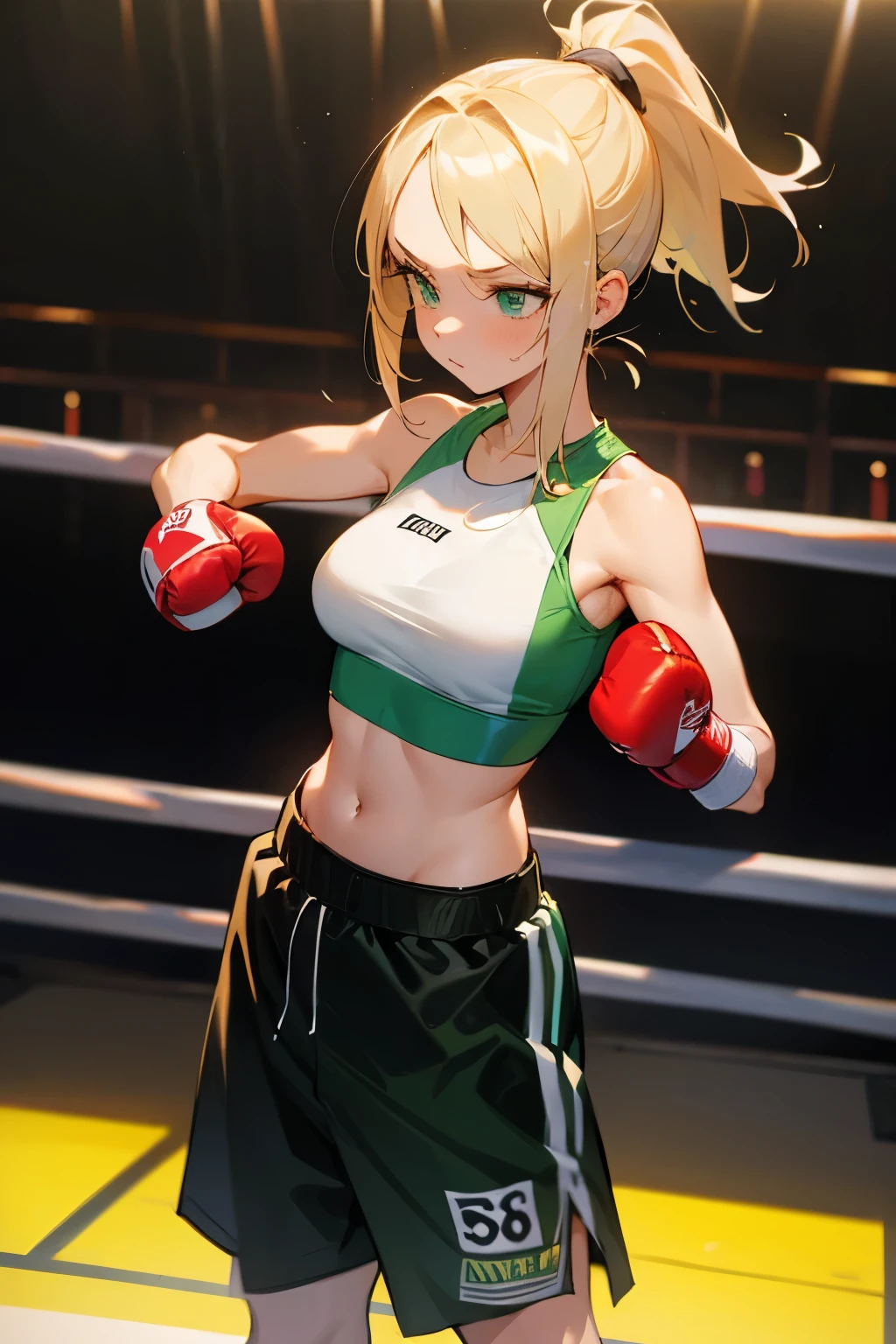 masterpiece,best quality,1girl,chibi,mordred \(fate\),ponytail,green eyes,braid,light frown,boxing gloves,midriff,sports bra,navel,punching,pants,shorts,clenched teeth,teeth,