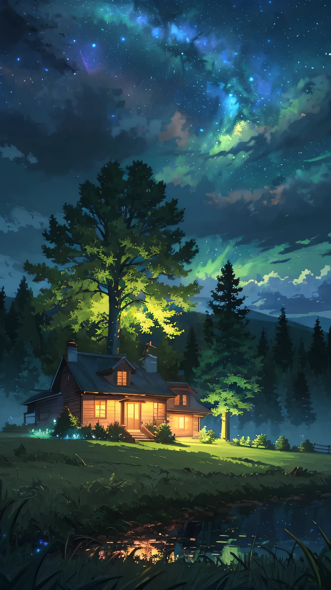 Anime scenery 
BREAK (masterpiece, best quality:1.2), outdoors, nature, forest, pines, grass, tall grass, detailed grass, plants, night clouds, night sky, trees, vintage car , farm landscape, valleys, glowing, farm house 
