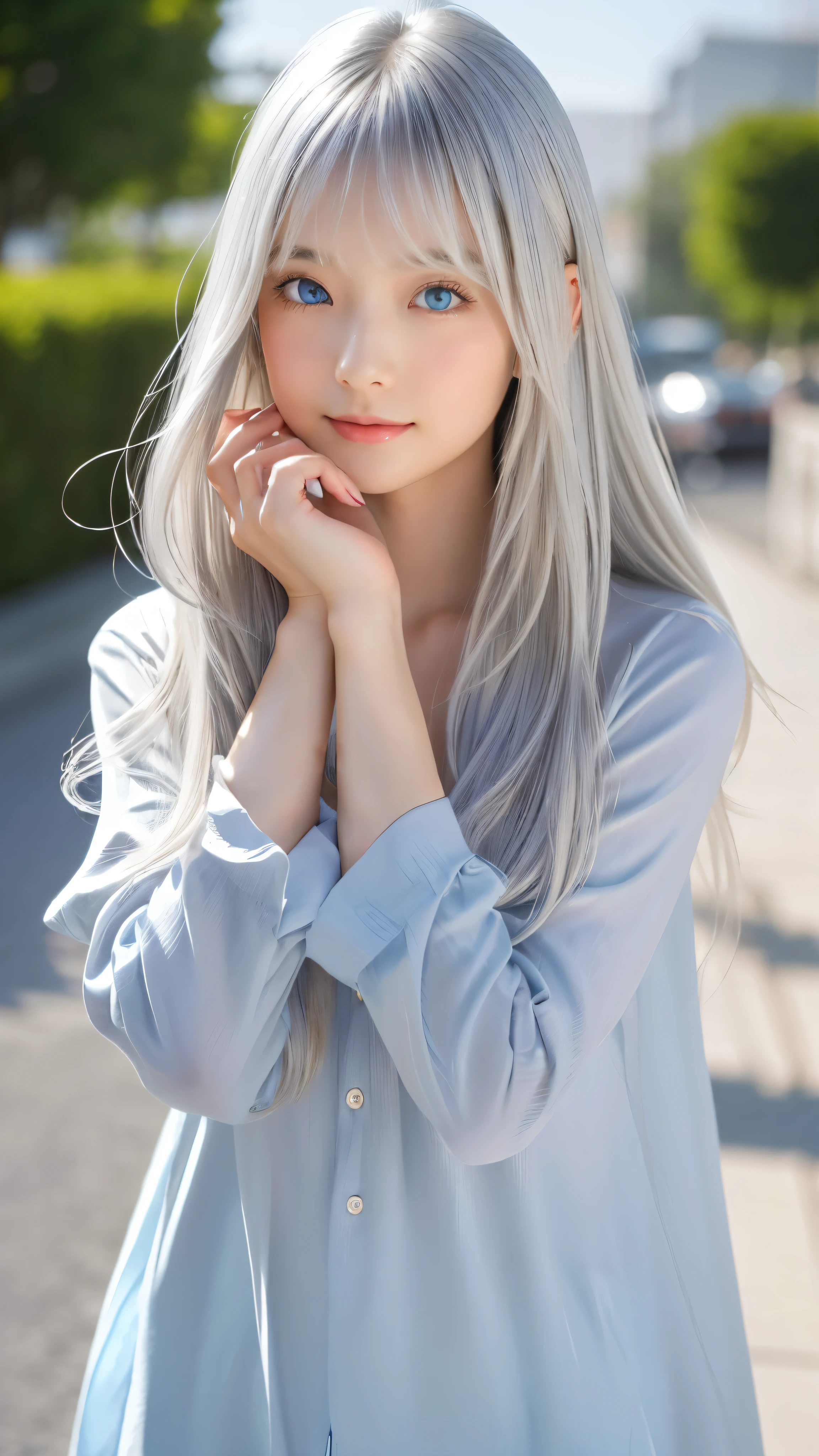 Shining, clear, white skin、Her windblown silver hair hides her beautiful face.、huge、Sexy beautiful face of 28 years old、Beautiful straight hair that stands out、growing up, Sparkling light blue eyes、Sexy long silky bangs covering the eyes, Sexy young woman with super long hair hiding her sexy face、Shining silver hair、(((Sexy Woman)))