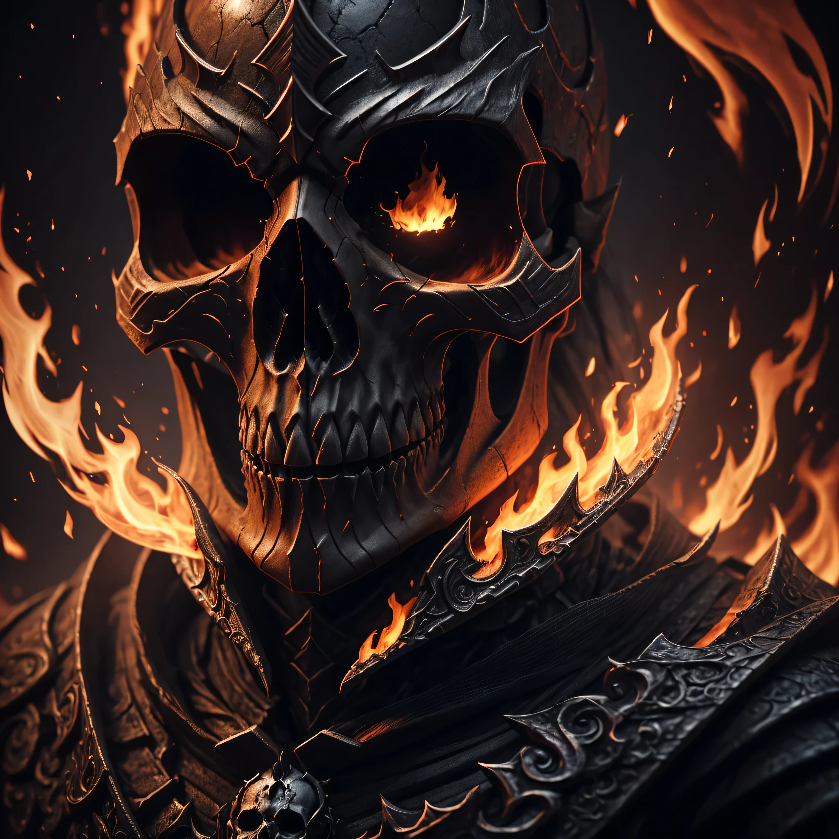 symbol. a skull covered by fire, digital art by Bertalan Karlovszky, zbrush central contest winner, fantasy horror skull, skeleton knight, red pupil, dark but detailed digital art, highly detailed dark art, skeleton warrior, the power of death, undead skeleton, skull like, 8k high quality detailed art, higher, gothic art, Conceptual art, depth of field, reflection light, pov, super detail, best quality, 8k