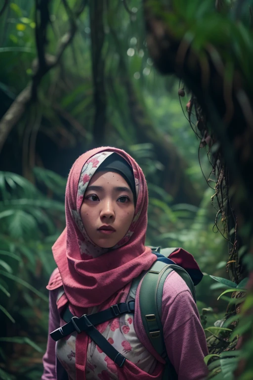 Two japanesse girl in hijab lost in fantasy jungle, beautiful face, body, carry backpack, hiking, torn outfit, ripped outfit, wear sweater and tight pink leggings, scared face, scared expression and body language, sweating, cinematic lighting, professional photography, ultra realistic face, bright cinematic lighting,