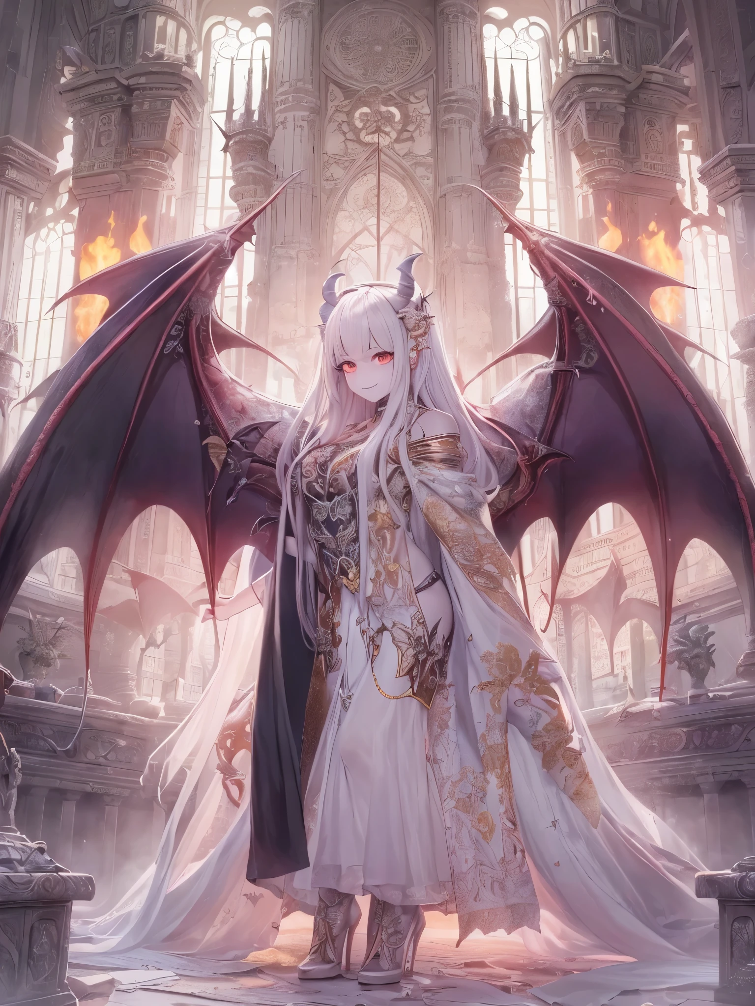 ((highest quality)),(Ultra-high resolution),(Very detailed),(Detailed Description),((The best CG)),(A masterpiece),Ultra-precise art,Amazing drawing art,(Fantasy art with intricate detail:1.5), Abandoned Ruins, disaster々A blazing bonfire, (A female demon with large bat wings:1.4),(Cold Smile:1.4),(pale skin:1.8)