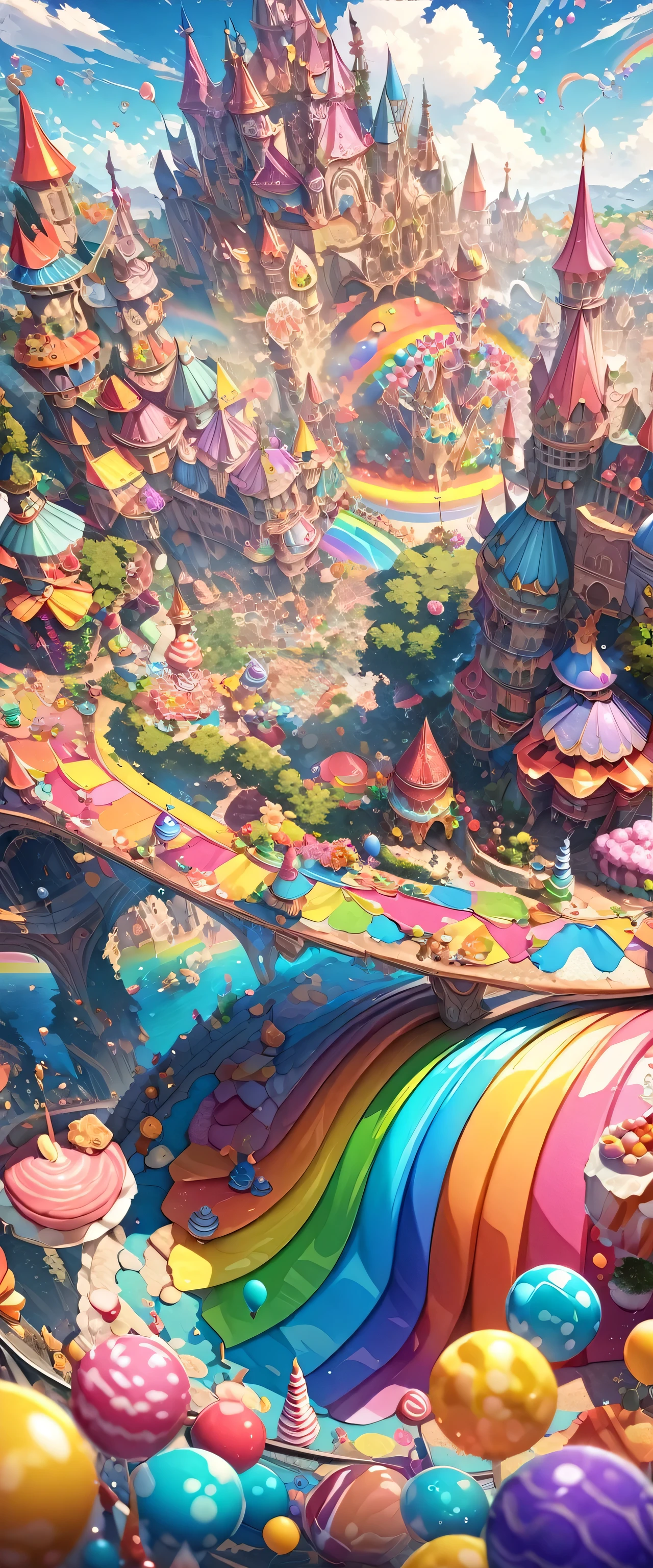 ((masterpiece, highest quality, Highest image quality, High 4k resolution)), ((Extremely detailed CG unified 20k wallpaper)), Candyland, Candy Kingdom, big shiny Candy Castle, A fairy tale world, lined with houses of candy and a colorful rainbow of juice fountains, Colorful, pop, fantasy, dreamy, Smile,