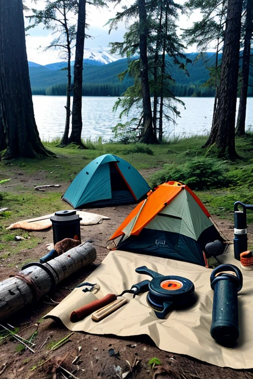 survival camping Happiness tools in the forest next to the Lake