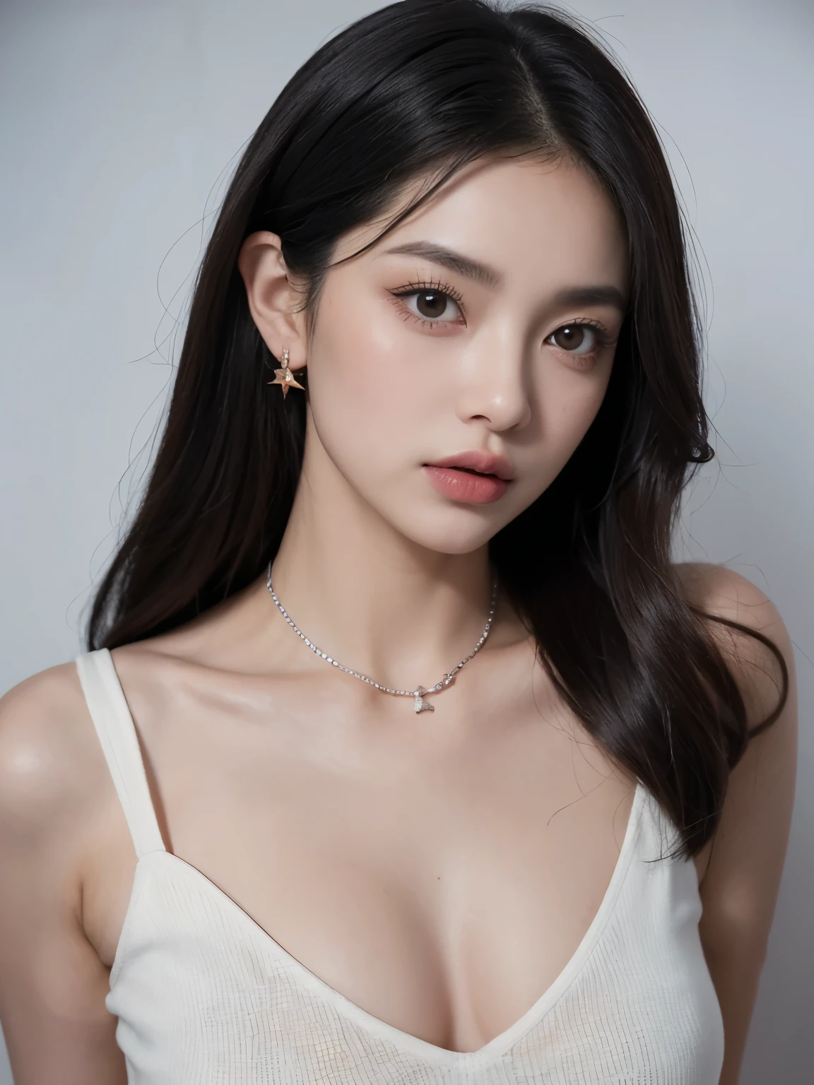 Kim jennie con el cabello negro oscuro, con rulos en las puntas del cabello negro oscuro, con un ganchito de estrella en el cabello negro oscuro, ojos de color claro, ojos bonitos, ojos llorosos, nariz bonita y respingada, labios bonitos, labios rosas, heart and cupid shaped lip, piel bonita, pale, piel blanca, con lunares y pecas en todo el rostro, rubor rosa suave en las mejilla, rubor rosa natural, maquillaje suave y rosa, jennie, cuellos bonito, cuello marcado, frown, mirada enojada, con un collar de beso, un collar bonito de beso, mientras muestra sus pechos con un brasier de conchas del mar, mientras un brasier en forma de conchas de mar, con una falda roja, mientras tiene una falda suelta de color rojo, mientras tiene el abdomen desnudo, delgado, marcado y bonito, (pechos grandes, pechos suaves, pechos bonitos, pechos naturales), mirando a la camara, autofoto