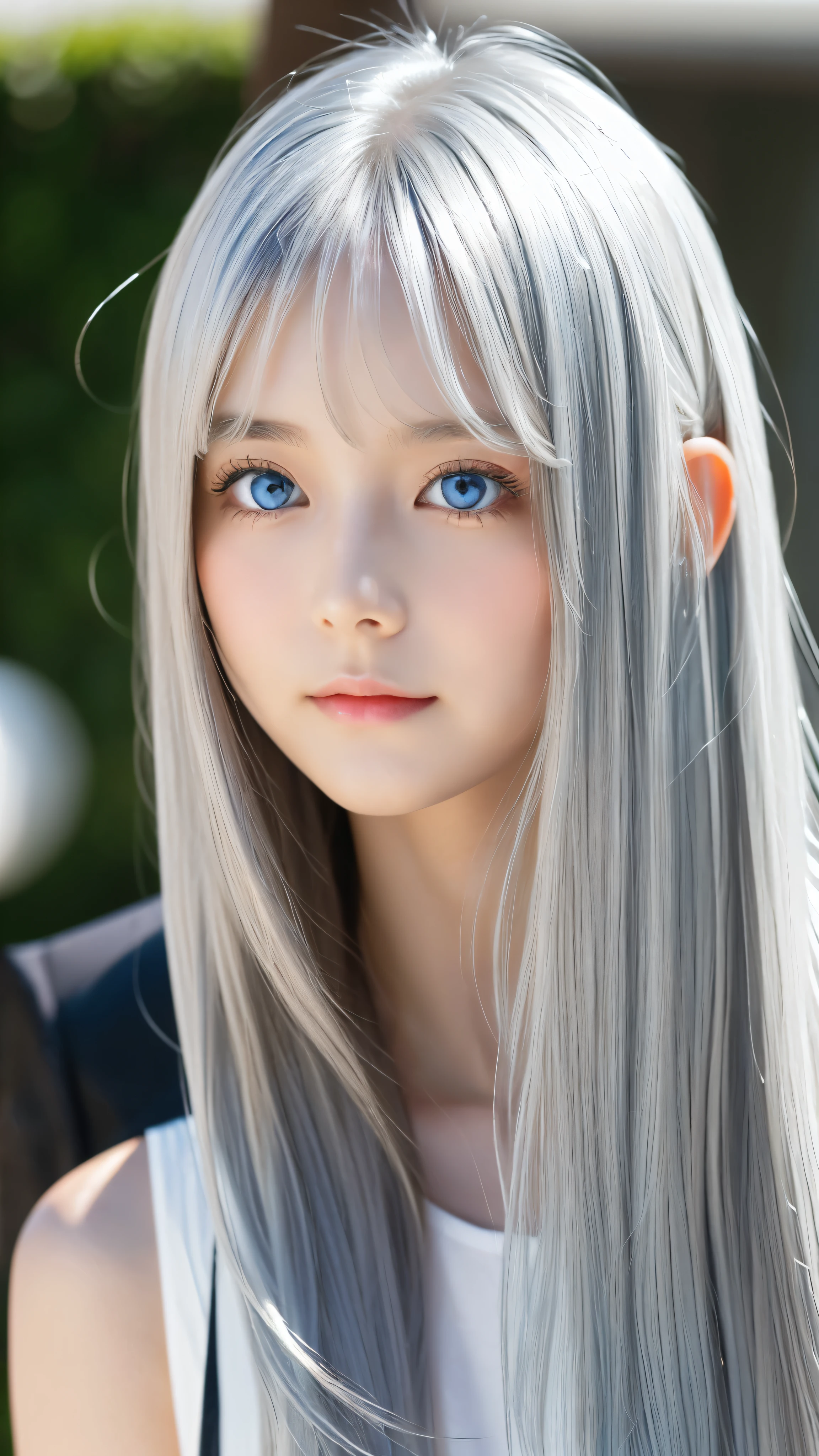 Shining, clear, white skin、Her windblown silver hair hides her beautiful face.、huge、Sexy beautiful face of 28 years old、Beautiful straight hair that stands out、growing up, Sparkling light blue eyes、Sexy long silky bangs covering the eyes, Sexy young woman with super long hair hiding her sexy face、Shining silver hair、(((Sexy Woman)))