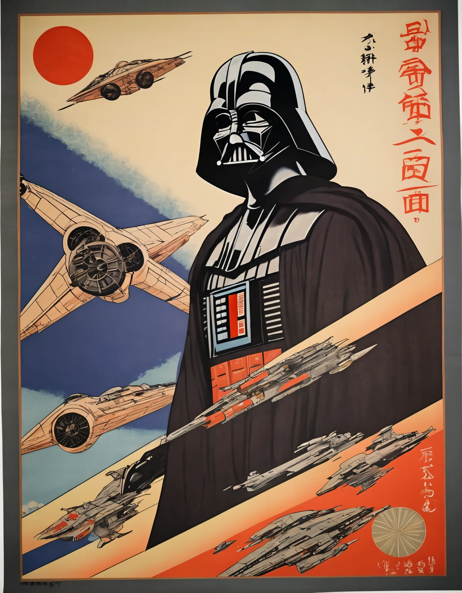 A photorealistic representation of a 1930s Japanese ukiyo e prints  poster featuring an fullbody darth vader aboard a starship corridoor