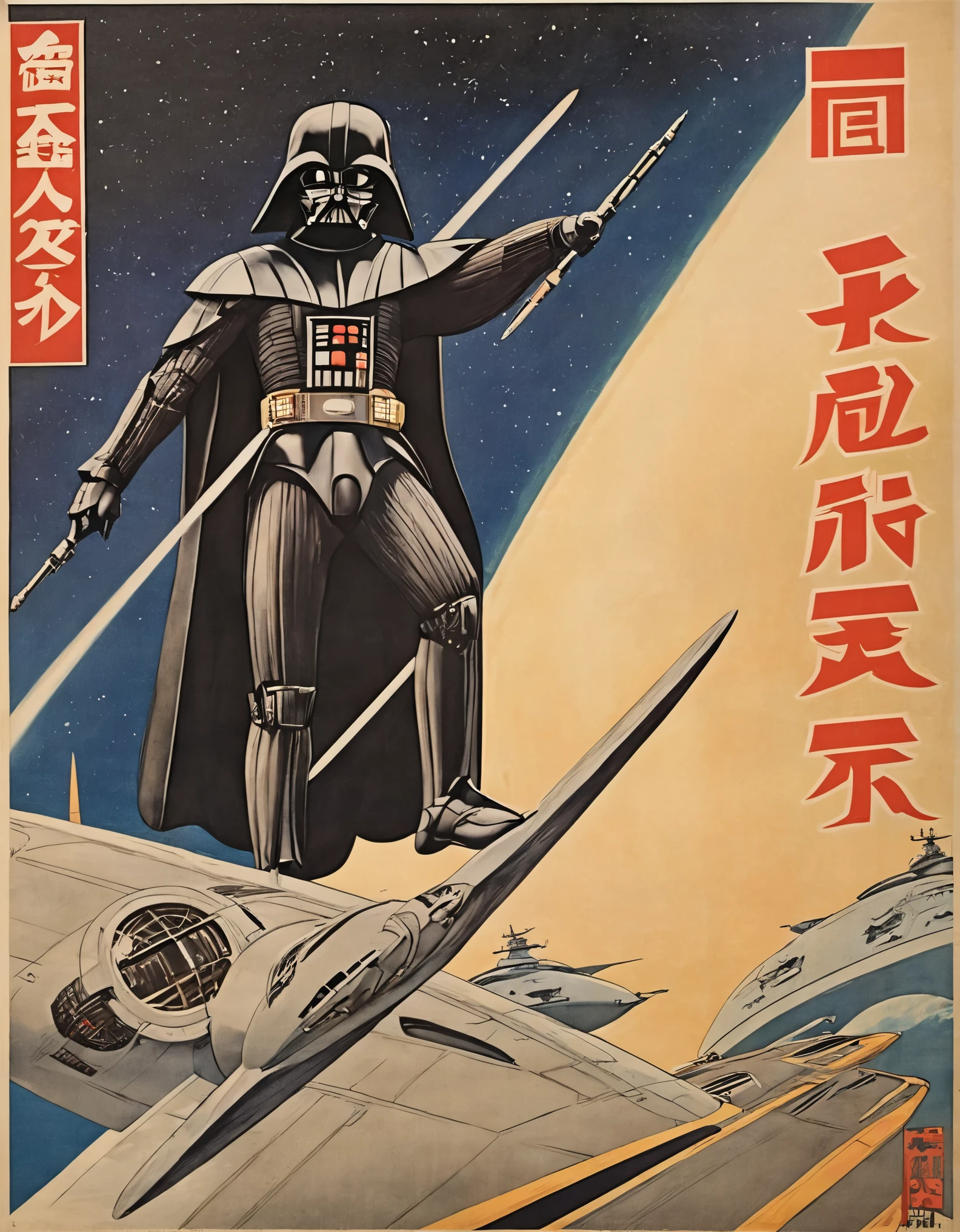 A photorealistic representation of a 1930s Japanese ukiyo e prints  poster featuring an fullbody darth vader aboard a starship corridoor