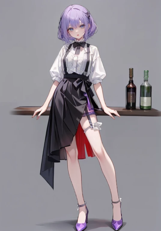 Purple Hair,Shortcuts,Adult female,(((bartender))),((Body Harness)),((Rolling up your sleevesＹshirt)),(corset),(tight skirt),((garter belt)),High heels,((Simple Background)),smile,((Full Body)),((full body)),((whole body)),Character Sheet,