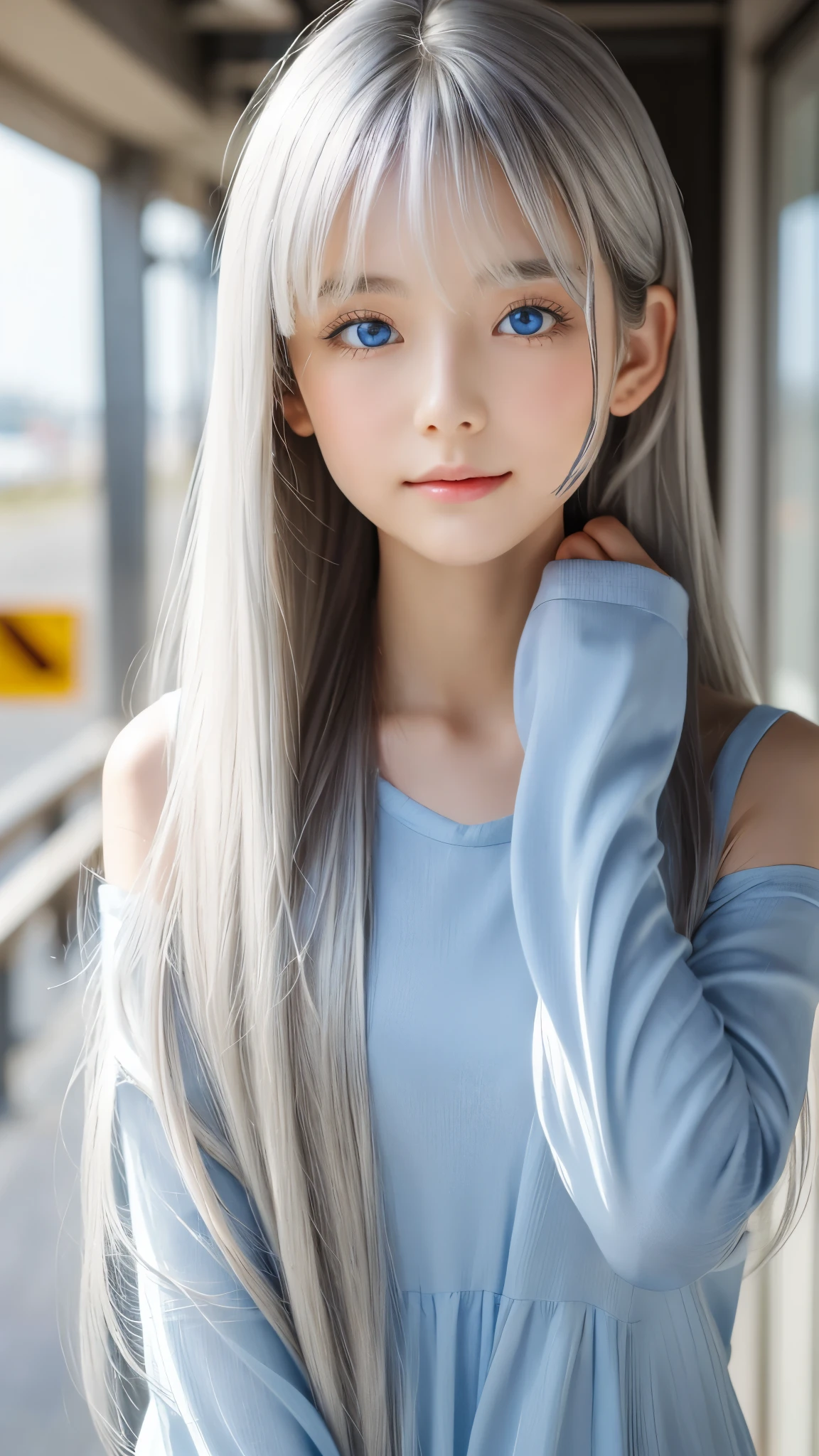 Shining, clear, white skin、Her windblown silver hair hides her beautiful face.、huge、Sexy beautiful face of 28 years old、Beautiful straight hair that stands out、growing up, Sparkling light blue eyes、Sexy long silky bangs covering the eyes, Sexy young woman with super long hair hiding her sexy face、Shining silver hair、(((Sexy Woman)))