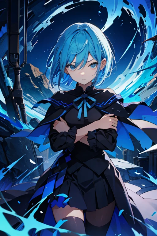 1 girl ，Somehow, he looks strong-willed ，Slightly slanted eyes ，Short Hair ，Light blue hair ，