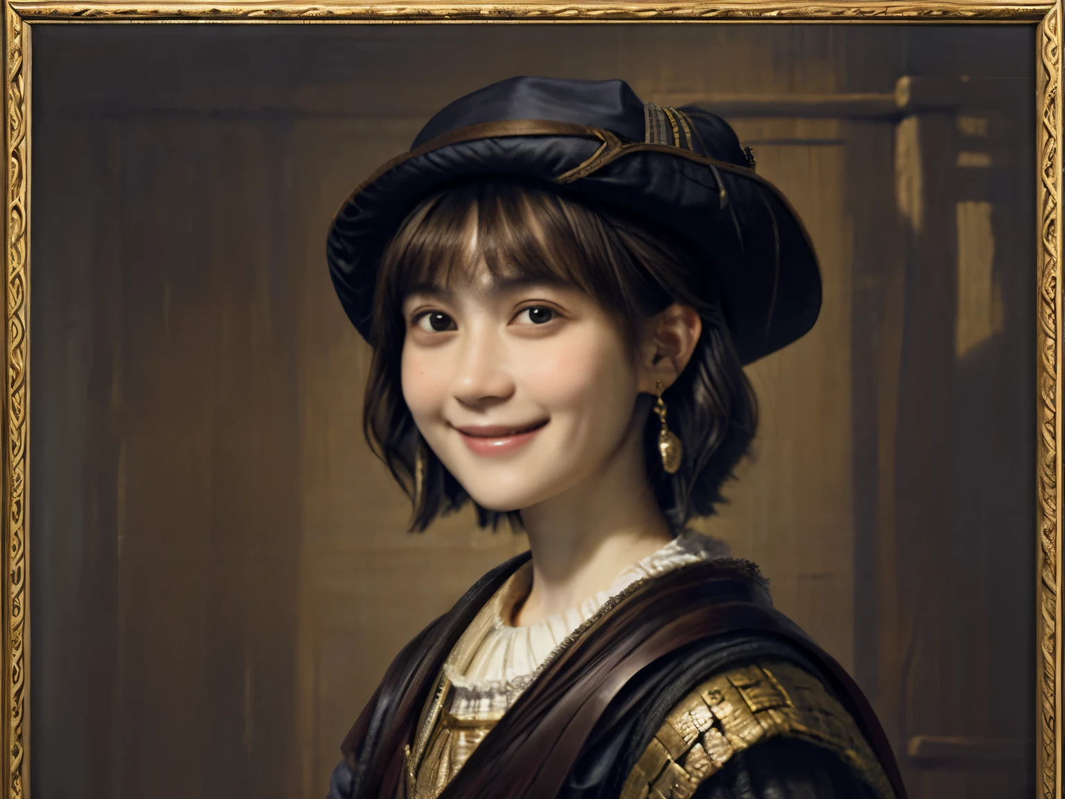 221 Short Hair, 20-year-old woman, A kind smile, (Luxurious stables), (Rembrandt-style painting), (Focus on faces, Depth of written boundary)