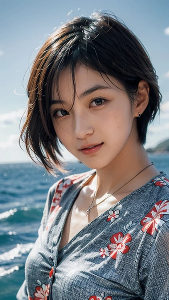 1 girl, Japan person, photorealistic, beautiful and detailed face, viewer, simple background, solo, sea, aloha shirt, small breasts, aloha shirt. sunny, summer vacation, beach, (short hair, wet), smile, movie lighting, movie, Japan drama, (necklace), earrings