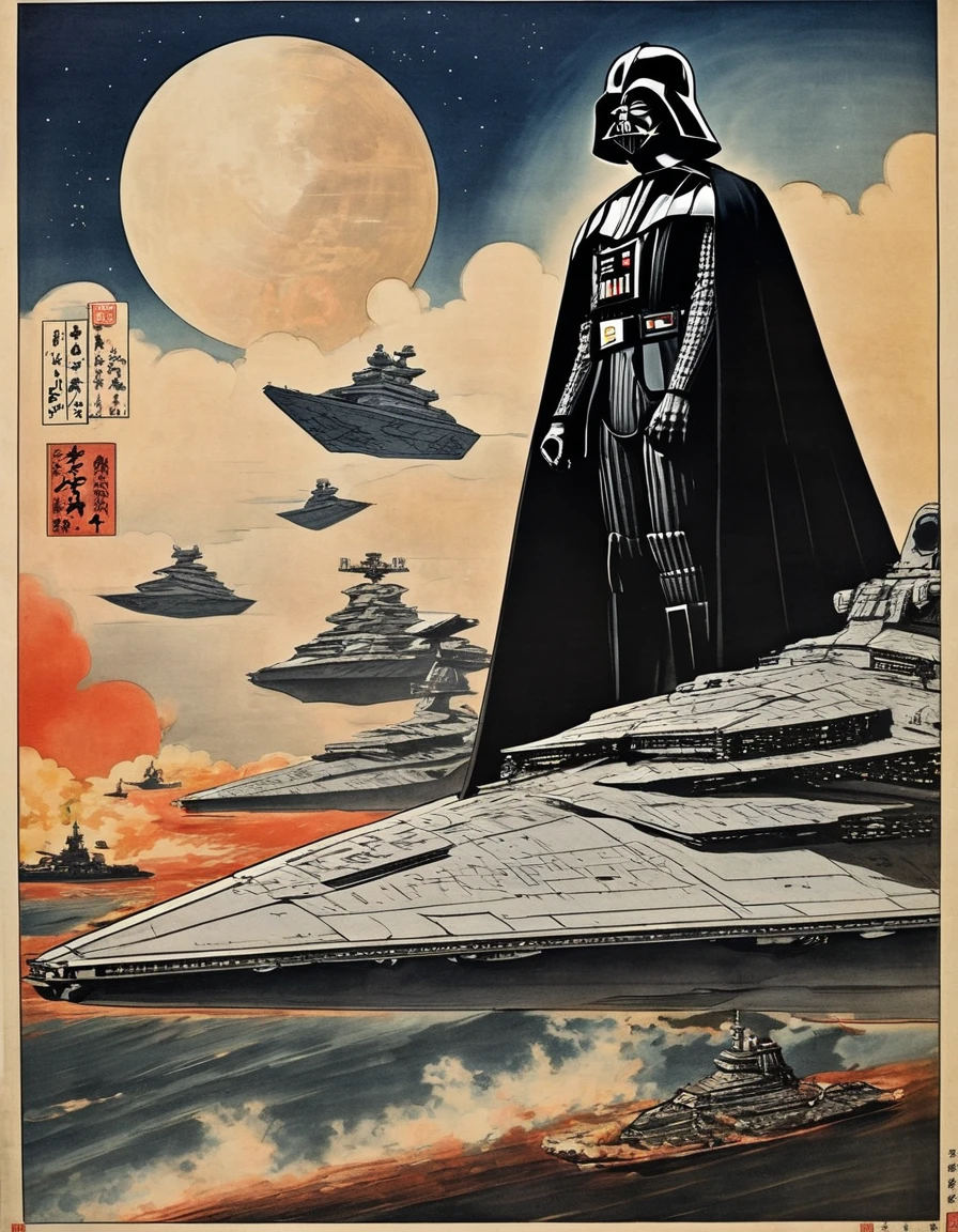 a 1930s Japanese ukiyo e prints poster featuring an fullbody darth vader over a   star destroyer
sdestroyer with japanese text