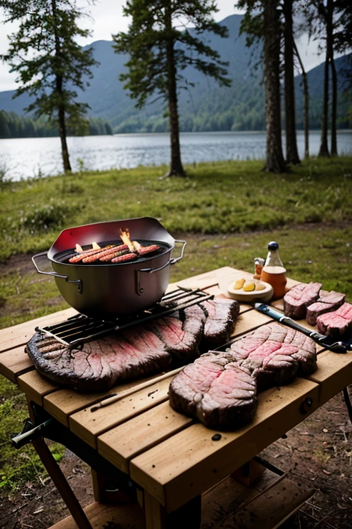 survival camping Happiness tools, cooking BBQ, STEAKS in the forest next to the Lake