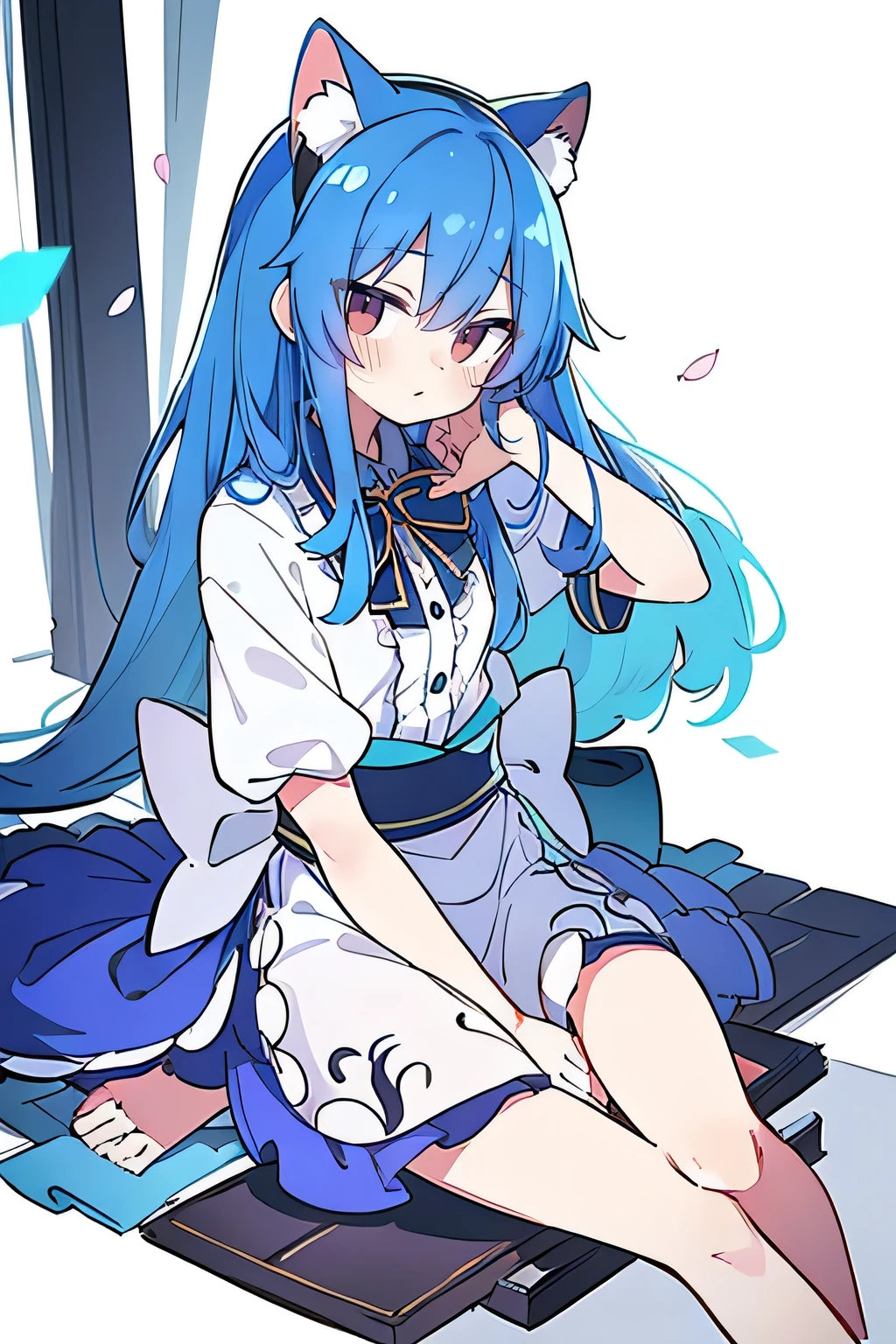 (masterpiece:1.2),ultra-detailed,realistic,expressive eyes,fair-skinned,perfectly shaped face,1girl,
Japanese cartoons,Gorgeous blue hair, flowing blue hair,floating clothes,cat ears,petals falling,beautiful Lola,Hina Angel,
hands on waist,gracefully sitting on the ground,legs crossed,gentle and serene background,cool and comfortable pavilion,shy face ,night .