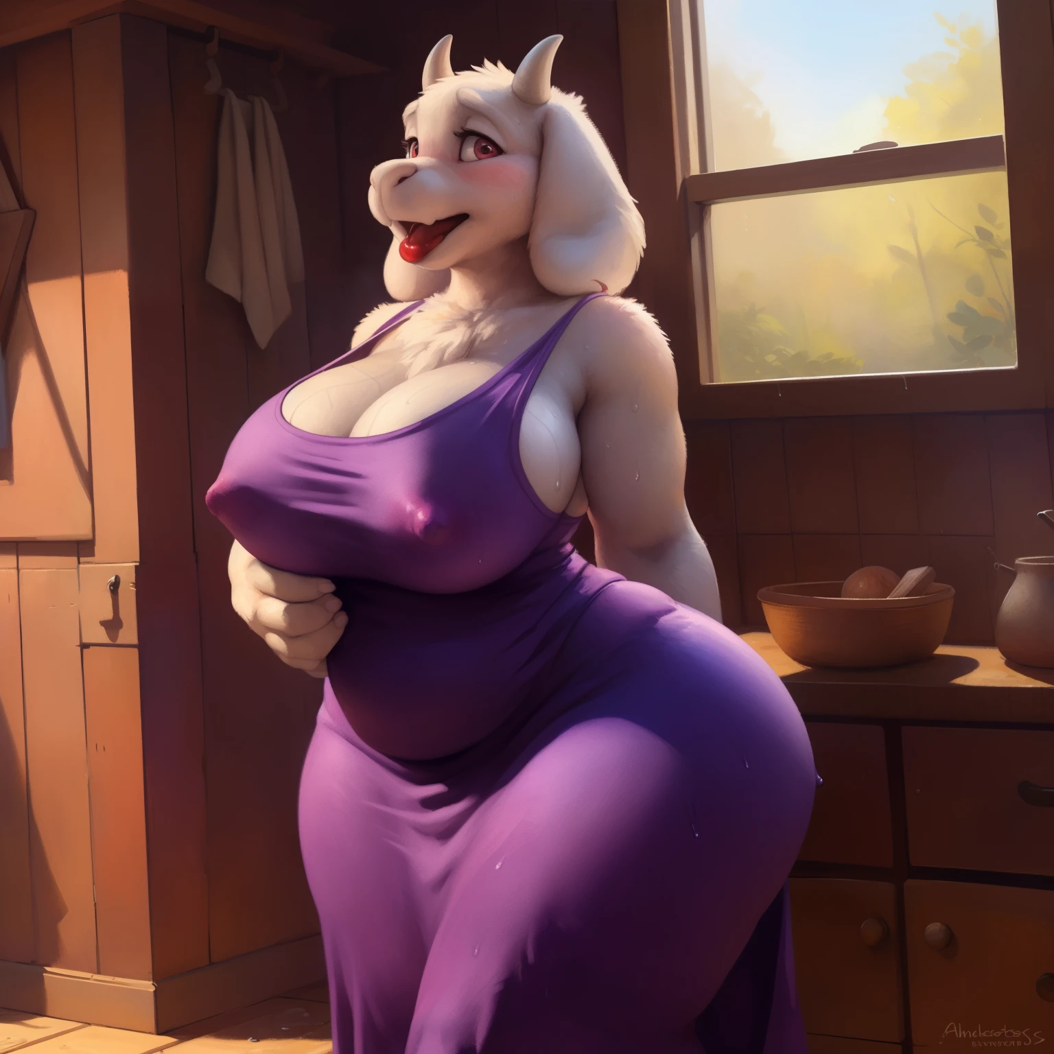 [toriel], [Undertale], [Uploaded to e621.net; (Pixelsketcher), ((cute face)), ((bimbo lips)), (red lips), (wamudraws), (woolrool)], ((masterpiece)), ((HD)), ((high quality)), ((solo portrait)), (big behind), ((butt visible)), ((feet visible)), ((furry; anthro)), ((detailed fur)), ((detailed shading)), ((beautiful render art)), ((intricate details)), beautiful, (cute),  mature, {anthro goat; white fur, white nose, (cute maroon eyes), (short eyelashes), (short horn), short fluffy tail, (big booty), (gorgeous wide hips), (thick thighs), (kenket), (showing ass), (open mouth, blush), (surprise), (frown)}, {(big tits, big breasts, big boobs), (dress, purple dress:1.2), (big butt), (white rune on chest)}, {(standing)), (free hands), (showing tight dress hugging ass), ((sweaty body)), ((wet body)), (looking at viewer)}, [background; (in her room), (nipple outlines under dress), (ambient lighting)], (big ass), (wide hips), (sfw slightly showing thong covered by dress), (thick thighs),  
