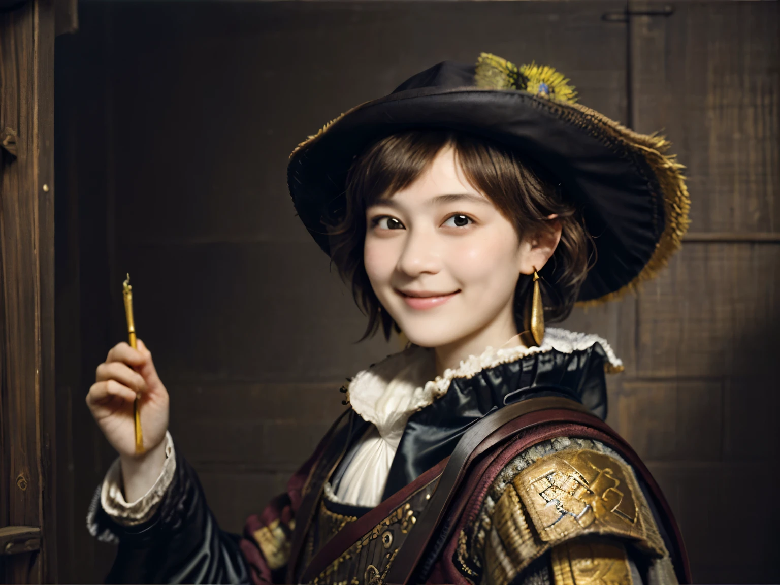 221 Short Hair, 20-year-old woman, A kind smile, (Luxurious stables), (Rembrandt-style painting), (Focus on faces, Depth of written boundary)