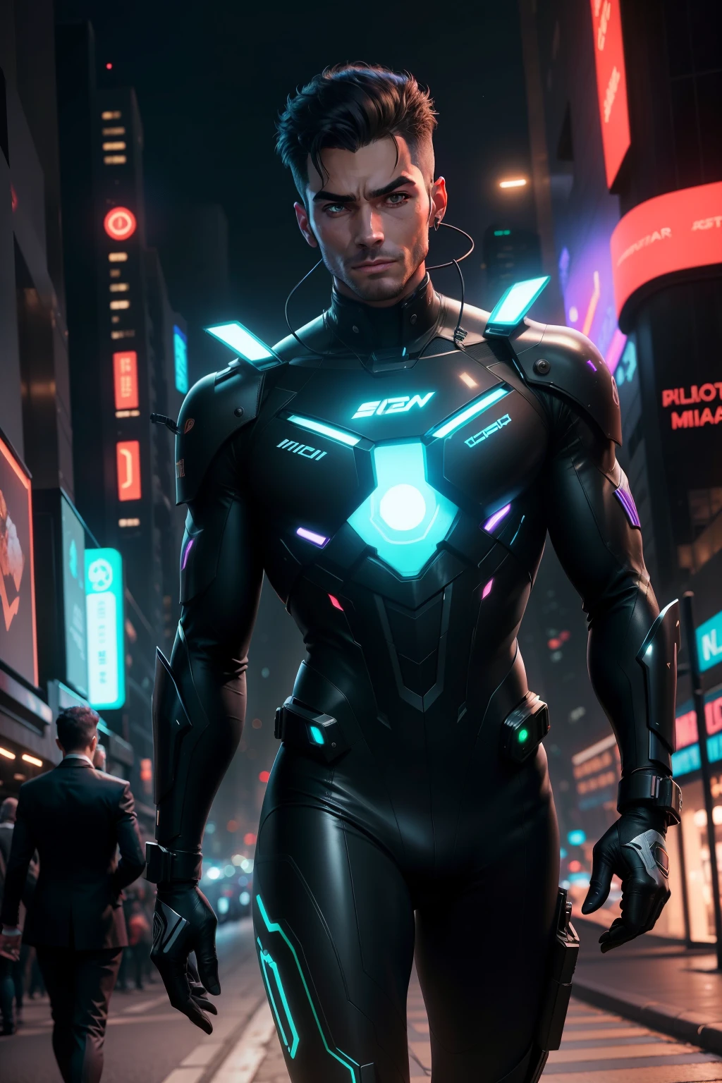 A man with a cinematic, short-passport-size face and sleek, metallic clothes glides through the bustling streets of a futuristic city under the short, night sky of the year 2050, his headset transmitting important information as he moves. The neon lights of the city reflect off his polished metallic attire, creating an otherworldly glow. The sounds of the city's technology hums in the background as people scurry about, their faces illuminated by holographic displays. The air is thick with the smell of ozone and the faint sound of hover vehicles can be heard in the distance.