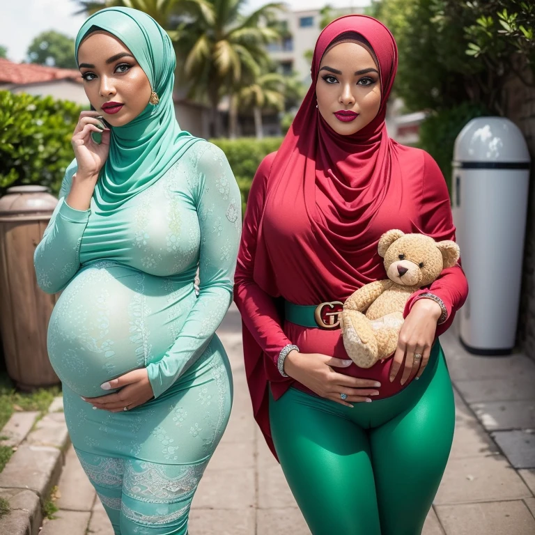 Two:2 girls Soft smile (((uma loira, Uma ruiva,uma americana,Uma morena,uma malay,uma mexicana, uma japonesa))) (((Woman with hijab style, hijab with sexy dress)), (lace stockings), (((Wearing: diamond necklace and earrings))). RAW photo, full sharp, detailed face (high detailed skin:1.2), 8k uhd, dslr, soft lighting, high quality, film grain, Fujifilm XT3, (extremely beautiful face, sexy lips, beautiful red lips, Clear eyes, beautiful eyes), (big green eyes), pretty girl, face forward, intricate detail face, ((ultra detailed skin)) (skin texture, film grain), Detailed beautiful face, choker, aroused, MODE, big huge breasts : {Perfect Details hijab beautiful wearing lingerie and leggings dress: (((2 girls:1.5, girls artsy women))) pregnant 9 month (((pregnant Gorgeous artsy women holding teddy bear standing))) (((wearing a belt design by GUCCI))), ((beautiful pregnant)) Smile, very red lipstick, malay girl modern plain hijab, medium portrait shot , watery eyes , big eyes, pink glowing particles, (((wearing leggings))) ((big breast)), background: In The Graffiti Alley, Waste Container, Outside Stairs, (((Outdoor Unit))), proportional body,full body, detailed face, striking lips, dread hair, hair stuck, jewelry, silver, earrings, detailed Hijab, detailed eyes, black eyes, huge breasts, large breasts, big breasts, bursting breasts, big breasts, full breasts, exposed breasts, bare breasts, narrow waist, bare ass, big ass, bare belly, bare navel, big ass, bare belly, bare belly, sexy, shiny skin, perfect female body, lovely colorful lighting, Cheery atmosphere, flirty, freckles, gorgeous face, incredible detail to texture, in love, green eyes, lots of color, photorealistic, masterpiece, absolute babe, Colorful outfit, patterns,}