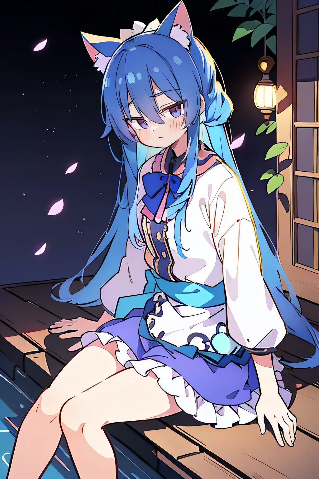 (masterpiece:1.2),ultra-detailed,realistic,expressive eyes,fair-skinned,perfectly shaped face,1girl,
Japanese cartoons,Gorgeous blue hair, flowing blue hair,floating clothes,cat ears,petals falling,beautiful Lola,Hina Angel,
hands on waist,gracefully sitting on the ground,legs crossed,gentle and serene background,cool and comfortable pavilion,shy face ,night .