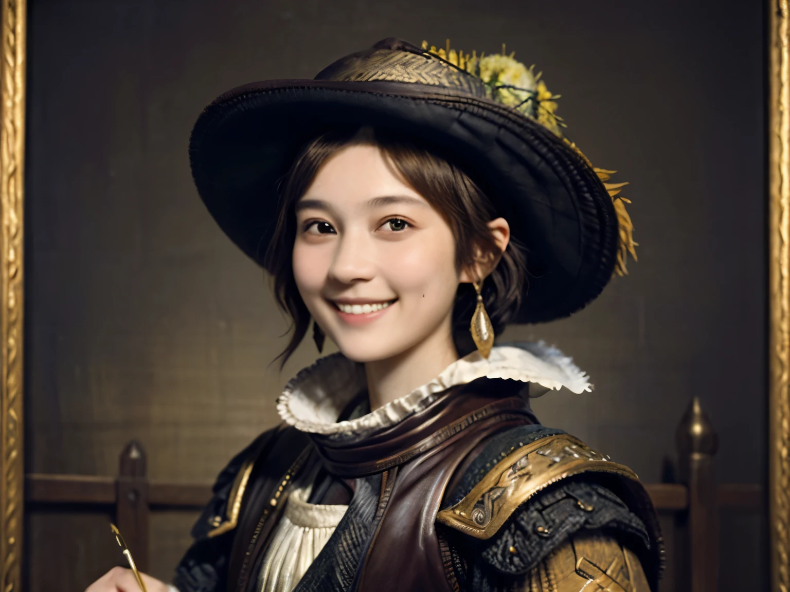 221 Short Hair, 20-year-old woman, A kind smile, (Luxurious stables), (Rembrandt-style painting), (Focus on faces, Depth of written boundary)