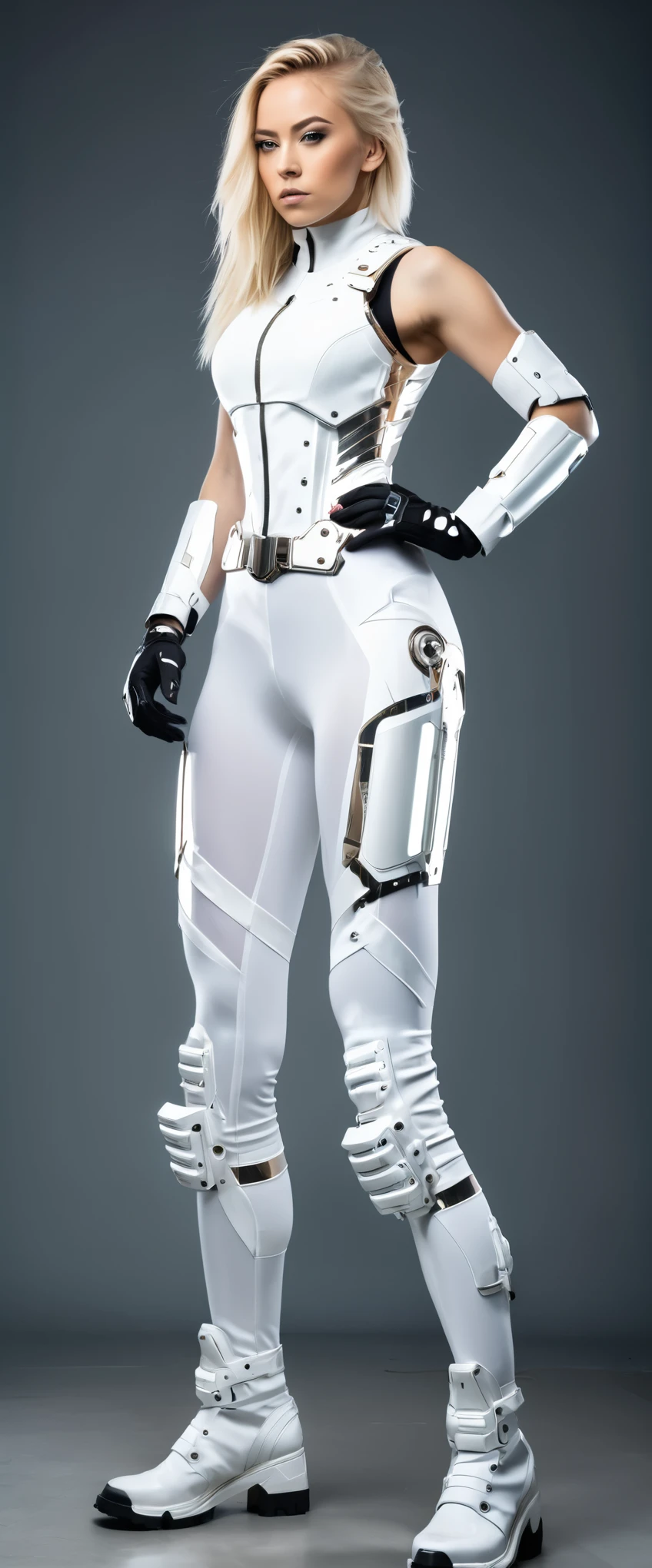 a young strong woman, untied blonde hair, wearing sleeveless white metal mech suit (with abs shown), wearing white metal mech leggings, wearing white metal mech gloves, full side body view, fighting stance