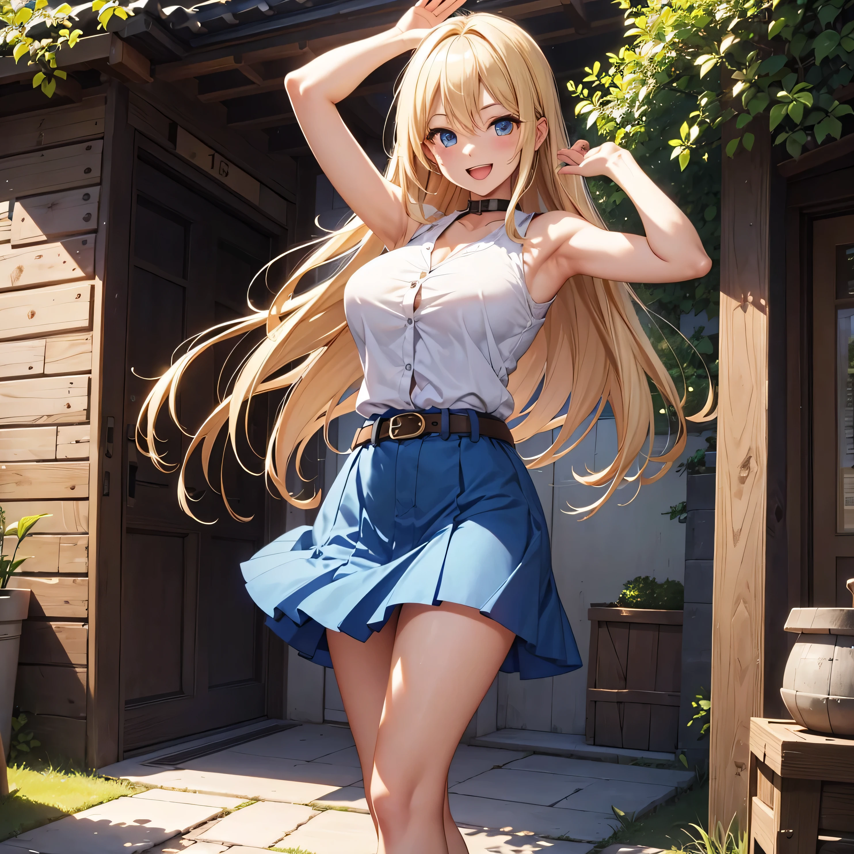 lucy heartfilia, blonde hair, long hair, large breasts, white shirt, sleeveless, belt, blue skirt, standing, looking at viewer, outdoors, waving, smile, open mouth, cowboy shot, masterpiece, best quality, highre