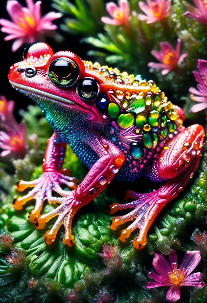 A vivid and bright image of a pink colored frog. The frog is small and bulbous with shiny, moist skin reflecting the light. Its eyes are large and round, with a magical glow. On its back, there are varied patterns of darker pink. The frog sits on a lush green leaf in the heart of a tropical rainforest, surrounded by diverse vegetation and underbrush. Its vibrant color starkly contrasts with the deep greens of the nature surrounding it. This tiny creature seems perfectly adapted to its environment, yet still stands out due to its unusual coloration.