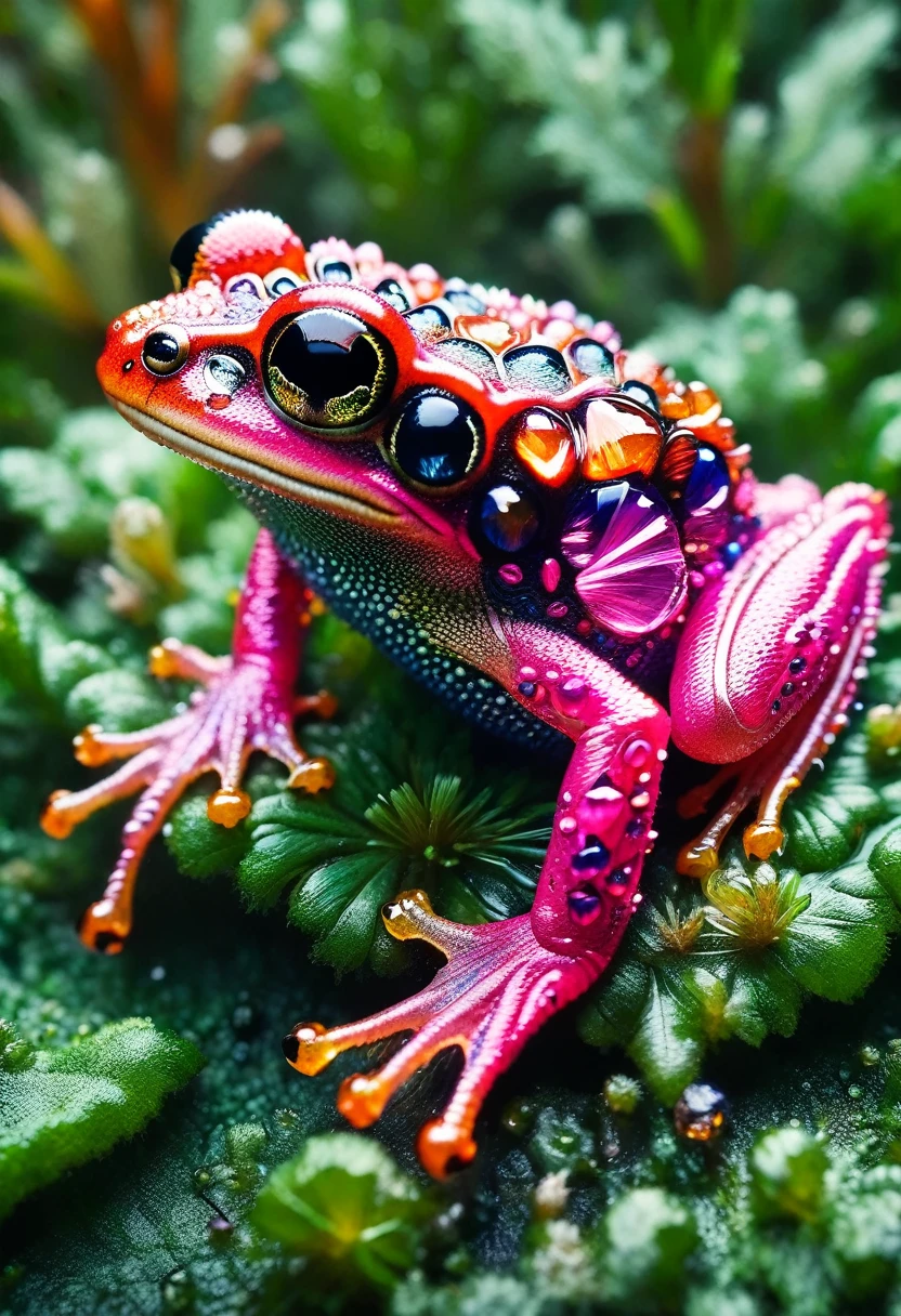 A vivid and bright image of a pink colored frog. The frog is small and bulbous with shiny, moist skin reflecting the light. Its eyes are large and round, with a magical glow. On its back, there are varied patterns of darker pink. The frog sits on a lush green leaf in the heart of a tropical rainforest, surrounded by diverse vegetation and underbrush. Its vibrant color starkly contrasts with the deep greens of the nature surrounding it. This tiny creature seems perfectly adapted to its environment, yet still stands out due to its unusual coloration.