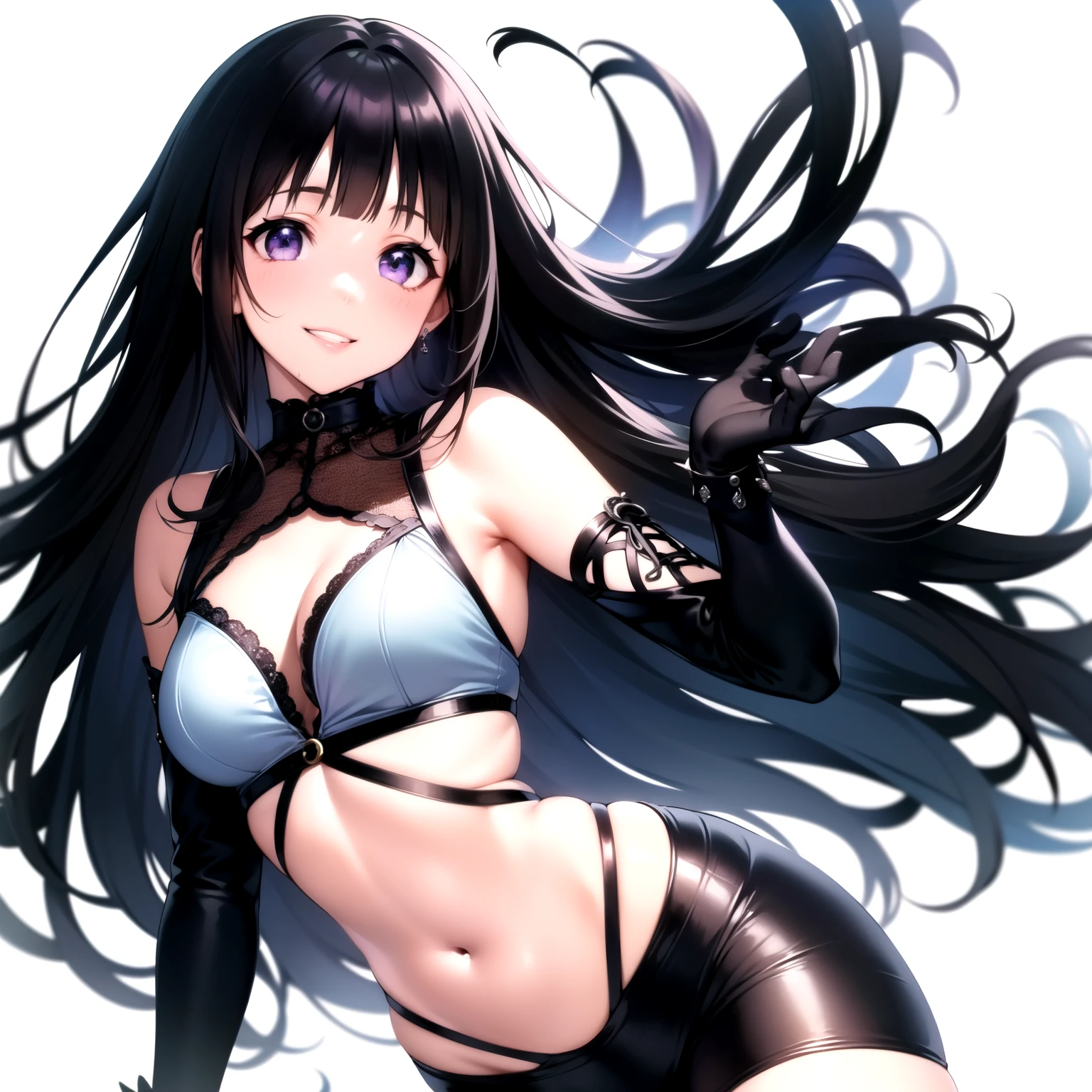 (A superb exquisite Chitanda Eru), (mature face), intricate details, (finely detailed beautiful eyes: 1.2), purple eyes, long black hair, natural straight hair, straight bangs, solo, [Small_breasts: large_breasts: 0.5], extremely delicate, peerless beautiful girl, dreamy quality, solid color, bright lips, slender waist, straight curves, soft lights and shadows, super fine, 8K HD, (masterpiece:1.4), (((closed hand, sexy smile, punk clothes, idol, rock, white background)))