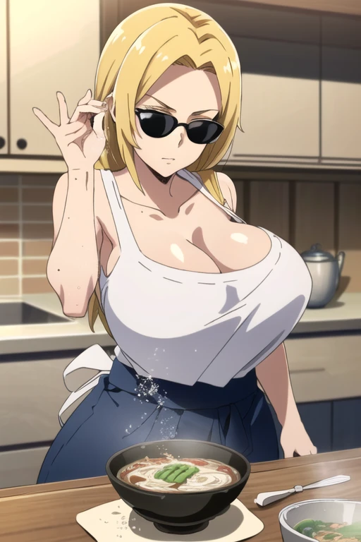 1 Girl, masterpiece, high quality, high resolution, Best images, Anime Shadows,
Tsunade, (Blonde hair, clavicle, Long hair, Huge sexy breasts, Sexy big ass, Mature female, Sculptural figure, Sexy body, Looking at the audience, Bowl of ramen,
SaltBaeMeme, salt, sunglasses, kitchen,