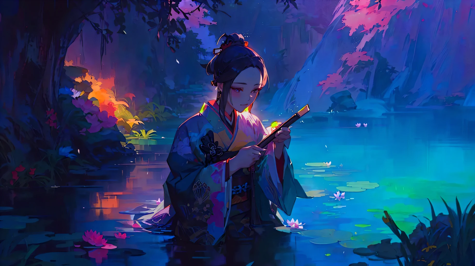 A painting of a woman in a kimono sitting by a pond, by ヤン・J, Lostland Style, By Chen Yanjun, Gweiz-style artwork, Written by Li Song, Alice x. open, Lostrun 8k, inspired By Chen Yanjun, Ross Tran style, Inspired by Ross Tran, Xin Haicheng,2k,4k,mysterious、pirate