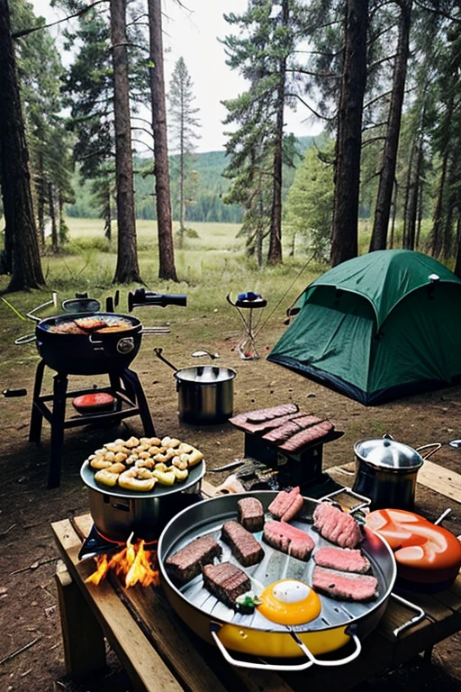 survival camping Happiness tools, cooking BBQ, STEAKS, eggs, hamburger in the forest next to the Lake