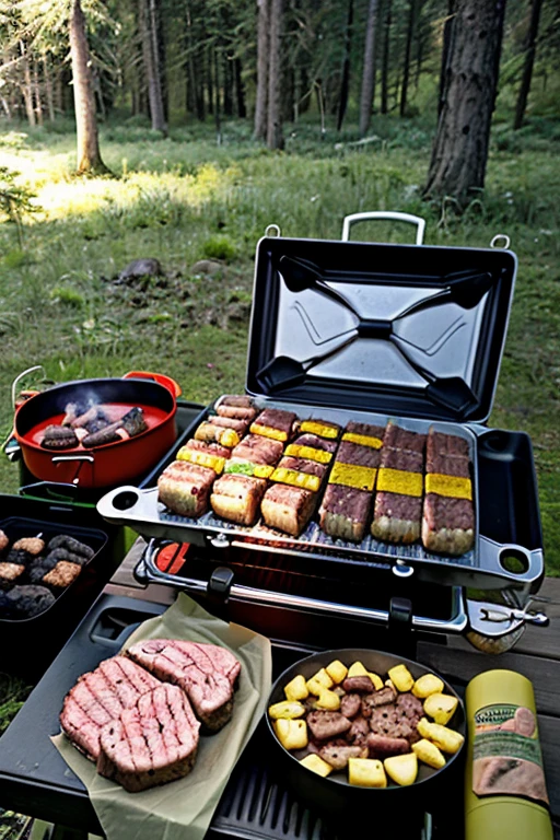 survival camping Happiness tools, cooking BBQ, STEAKS, eggs, hamburger in the forest next to the Lake