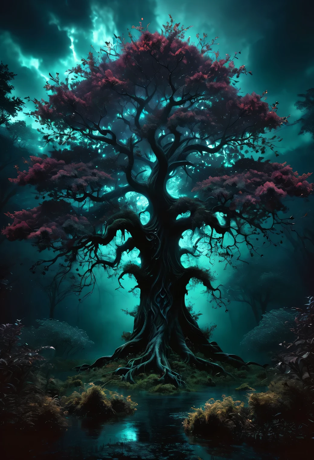 Exquisite artwork, gothic digital art-style tree, dark forest, ethereal, a touch of magical elements, dark color pallete