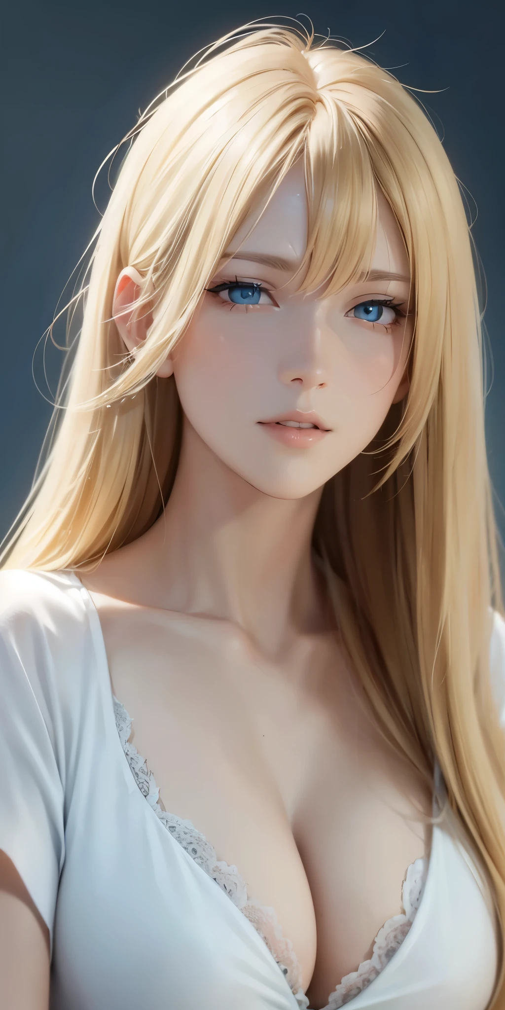 Upper body, elegant, adult woman, long neck, long blonde hair, bangs, casual shirt, cleavage, blue eyes, soft light, high quality, 4k resolution