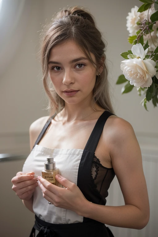 ((best quality)), ((chef-d'artwork)), (detailed), visage parfait
fait moi une image où une femme met du parfum et met en premier plan le parfum, as a background of silver flowers.