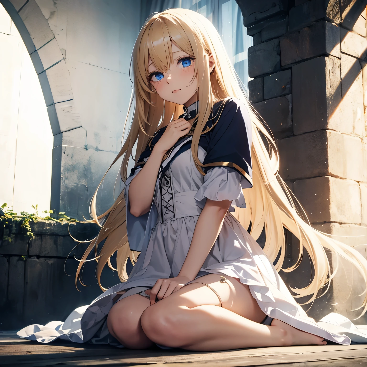 Anime girl with long blonde hair and dark blue eyesWearing a white dress.She is kneeling over you.She is crying. 