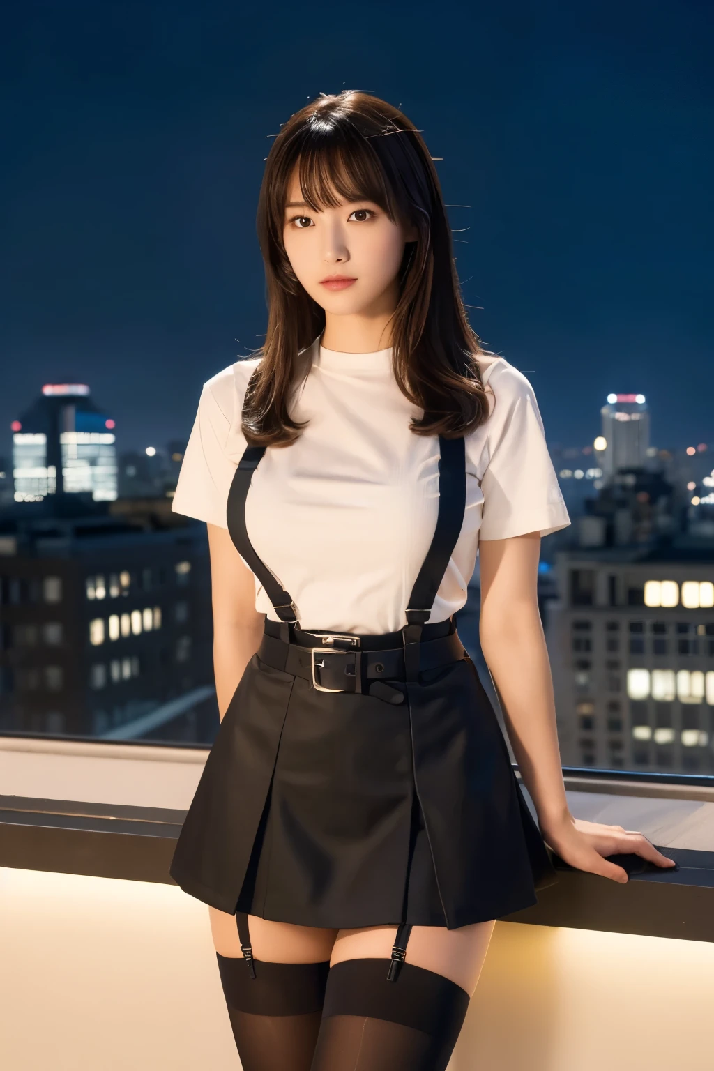 ((Midnight, highest quality, 8k, masterpiece :1.3)), whole body, Long legs, Sharp focus :1.2, Beautiful woman with perfect figure :1.4, Slim Abs :1.1, ((Dark brown hair, Big Breasts :1.2)), (White tight T-shirt, Jean Bib, Are standing:1.2), ((Night city view, rooftop:1.3)), Very detailedな顔と肌の質感, Fine grain, Double eyelids one girl,highest quality,masterpiece,figure,Very delicate and beautiful,CG,Unity,8k wallpaper,wonderful,In detail,masterpiece,Official Art,Very detailed CG Unity 8k wallpaper,Incredibly absurd,Large file size,Very detailedな,High resolution,Very detailed,Beautiful detailed girl,Realistic,from the front,Outdoor,　suspenders　　　Large swollen breasts　　 　 　　　　Black mini skirt　garter belt　Knee-high socks　　　　　　　bangs 　　　　　Beauty　　Hands up　　 　　Black boots 　　　　one person 　　　Dress shirt　　　Hands Behind Back　put your hands behind your back　　Hands behind back　Armament　holster　　A room at the Belt Hotel　Bed　Wall side