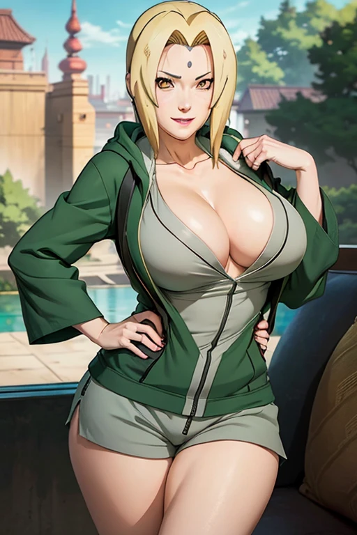 (masterpiece: 1,6), Tsunade ( Naruto) ,  seductive smile , water , Green Hoodie , Yellow hair , , Huge  breasts,Showing cleavage， Sexy ass, Mature female, Sculptural figure, Sexy bod shirt , shorts , young , Pink lips, Anime Girl ,