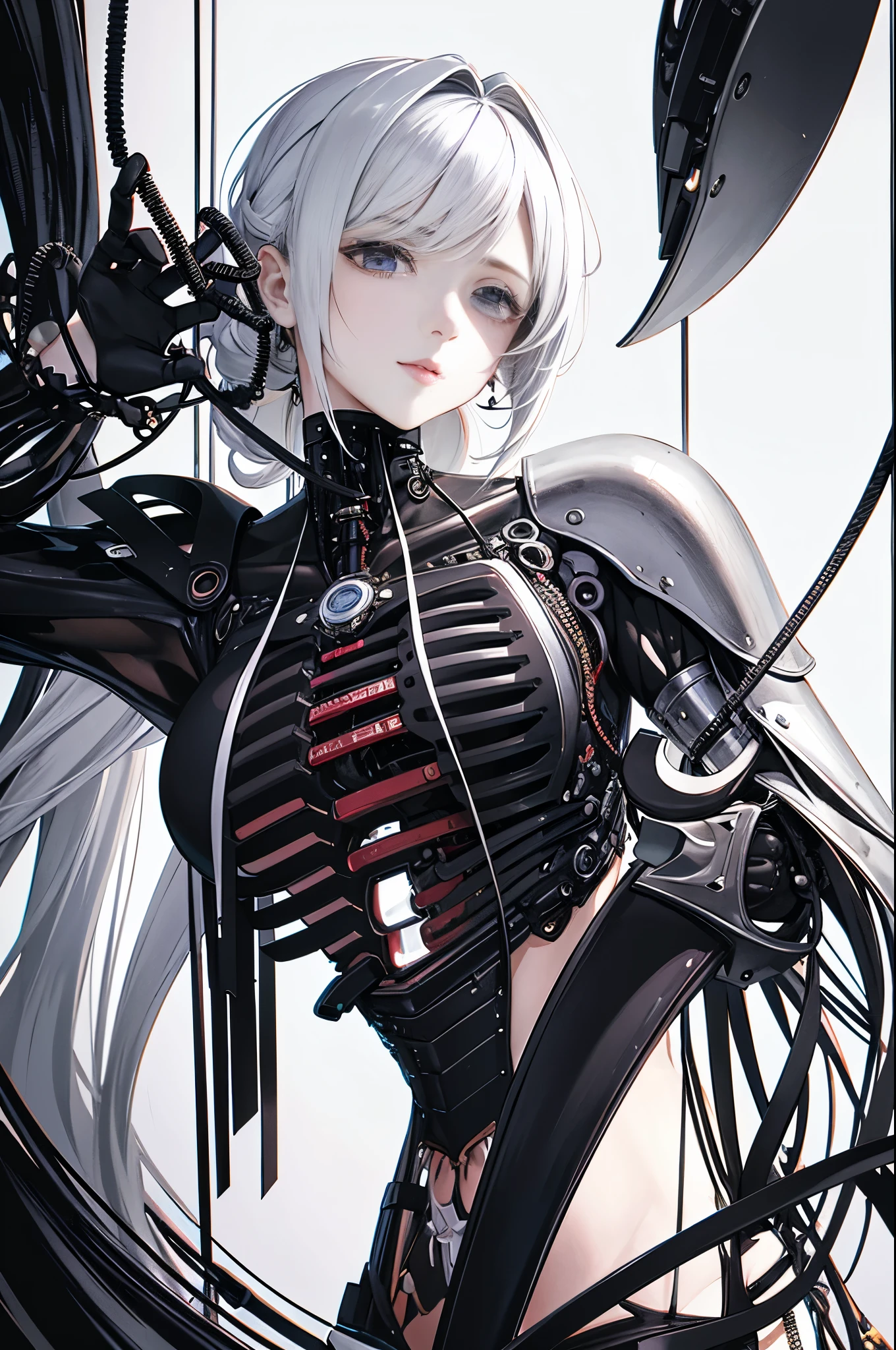 （masterpiece，Top Quality，highest quality，Official Art，Beauty and aesthetics：1.2），（1. Mechanical Girl：1.3），（Upper body only：1.4），Huge ，Beheaded at the waist（exposing internal organechanical offal），Blood管，（Pierced through the body：1.4 ），Very detailed，Rich color details（（Super detailed）），（Very detailedなCGイラスト），（（Very elegant and beautiful），（From the side From the side），（Machine made joints：1.2），（（Mechanical Limbs）），（チューブに接続されたBlood管）， （Mechanical vertebrae attached to the back），（（Mechanical cervical spine attached to the neck）），（Sit），Expressionless face，（Wires and cables attached to the neck：1.2），（Overhead wires and cables：1.2）（Character Focus），SF，White Background，（Blood：1.5），