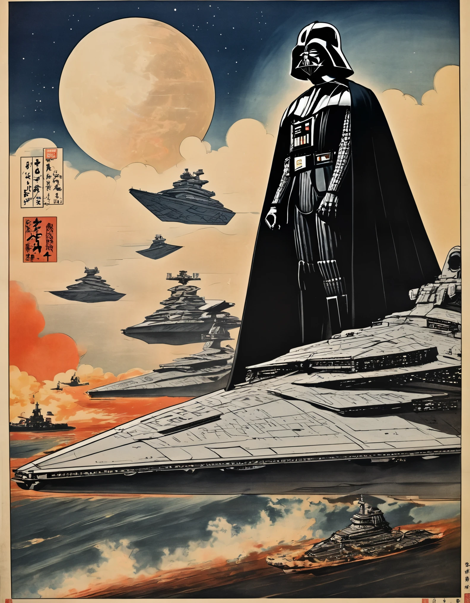 a 1930s Japanese ukiyo e prints poster featuring an fullbody darth vader over a   star destroyer
sdestroyer with japanese text