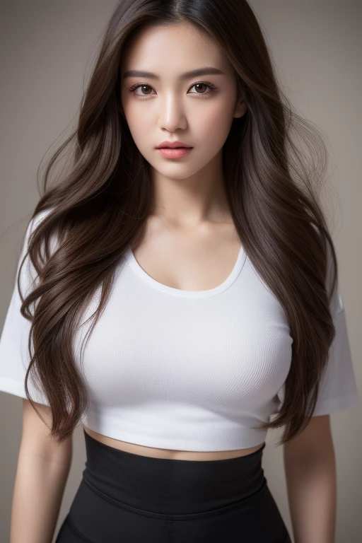 ((Best quality, 8k, Masterpiece :1.3)),  ultra realistic, real life textures, photorealistic shot, of a gorgeous asian model, posing in naughty. Sharp focus,Whole body, Long legs, Sharp focus :1.2, A pretty woman with perfect figure :1.4, Slender abs :1.1, ((Dark brown layered hair, Bulge big breasts :1.2)), (White tight tshirt, Leggings :1.2) , Highly detailed face and skin texture, Detailed eyes, Double eyelid