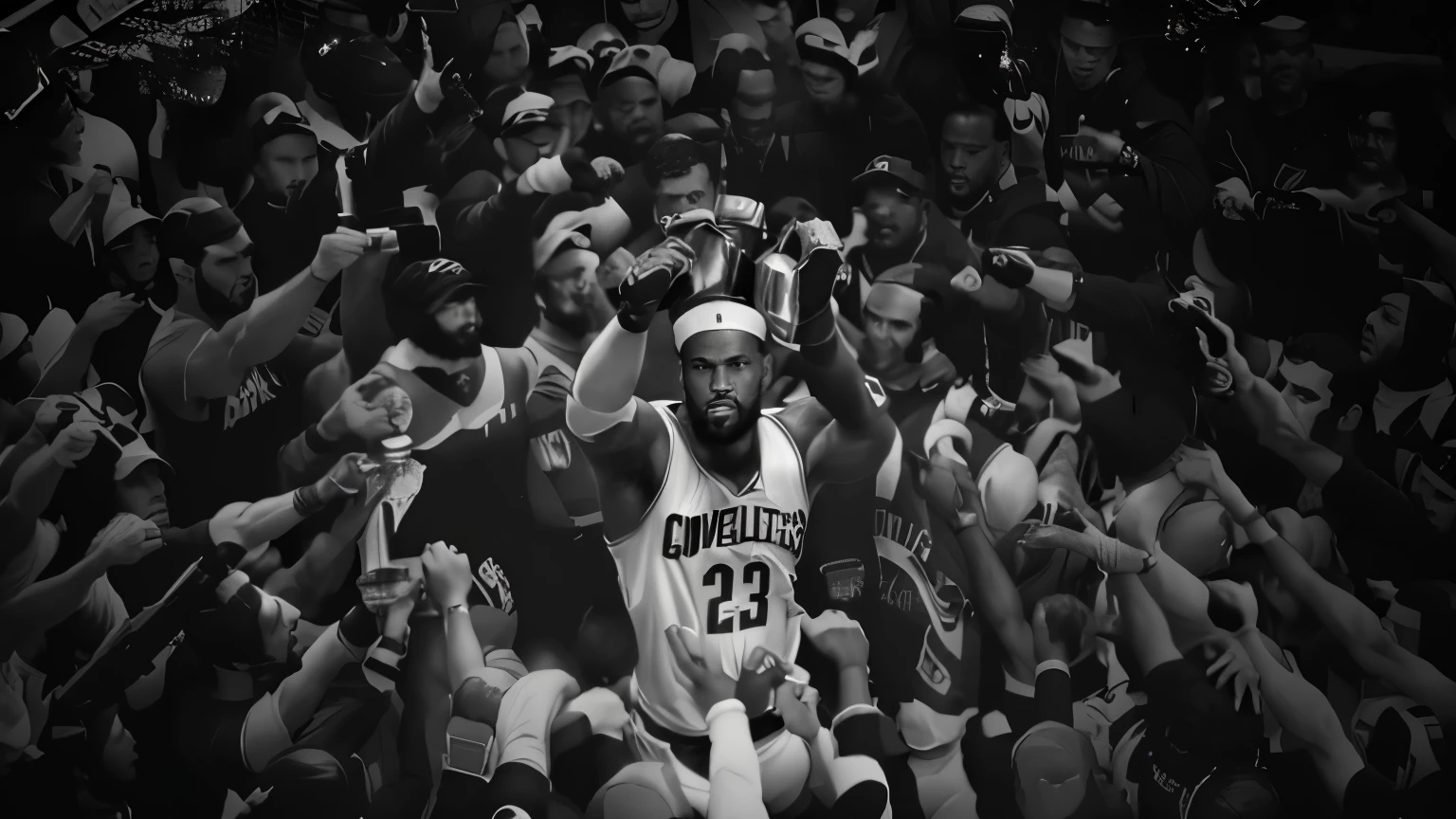 a black and white photo of a man in a crowd of people, lebron james, lebron james as che guevara, portrait of lebron james, james lebron, lebron james in gta v cover art, victory lap, neil leifer, standing triumphant and proud, the nba finals, lebron james solemn at tea , holding the larry o'brien trophy
