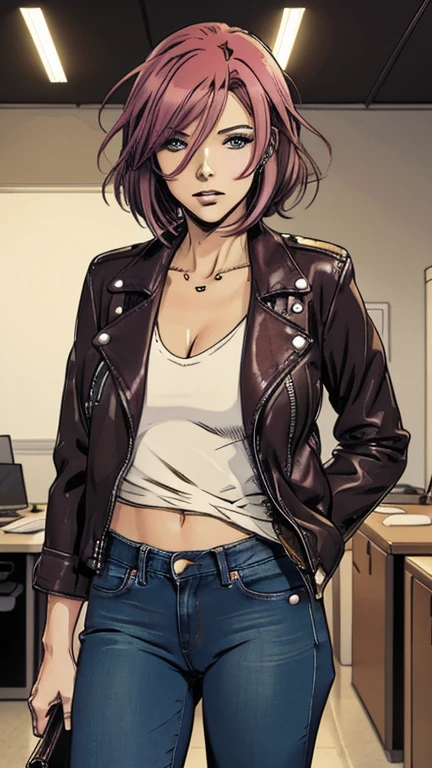 vector image, 2d cartoon,masterpiece, An anime woman,colored hair,jeans,provocative makeup, heavy blush, leather jacket, heels, in office with colleagues, with people