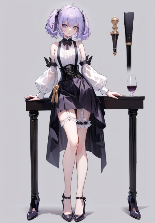 Purple Hair,Shortcuts,Adult female,(bartender),((Body Harness))((A shirt with the sleeves rolled up)),(corset),skirt,((garter belt)),High heels,((Simple Background)),smile,((Full Body)),((Full Body)),((whole body)),Character Sheet,(((upright)))