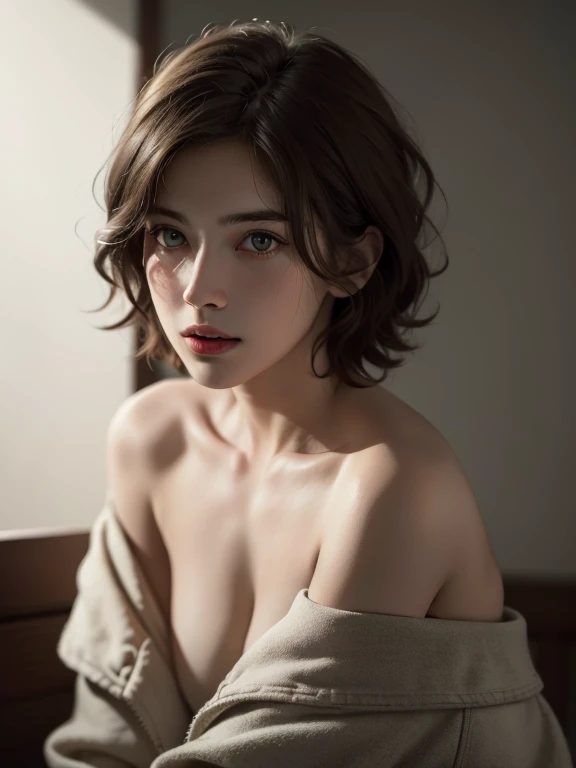 Best quality, masterpiece, ultra high res, (photorealistic:1.5), raw photo, 1girl, offshoulder, in the dark, deep shadow, low key, cold light, sexy look, short hair